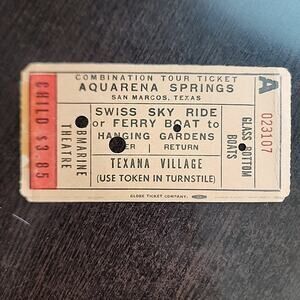 1980s Aquarena Springs Ticket Stub San Marcos TX Hanging Gardens Texana Village